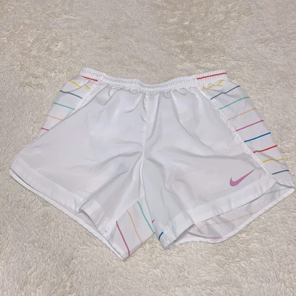 Nike Dri-fit size girls XL white shorts rainbow multicolor stripes liner runner - Picture 1 of 5